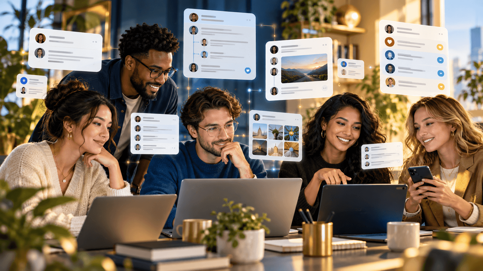 A blended group comparing several text-first and community-focused social networks across phones and laptops.