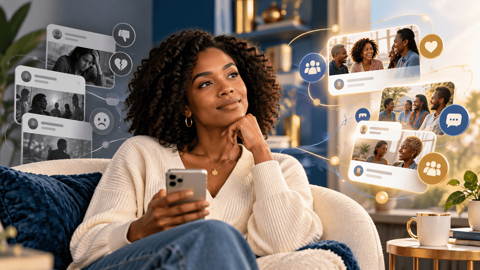 A Black woman thoughtfully comparing noisy social media with a calmer community-centered online experience.