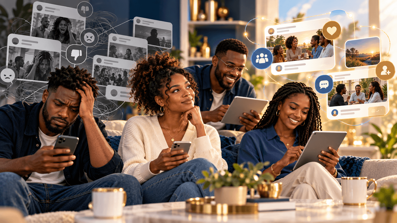 Black adults comparing overwhelming social feeds with hopeful, community-focused social experiences.