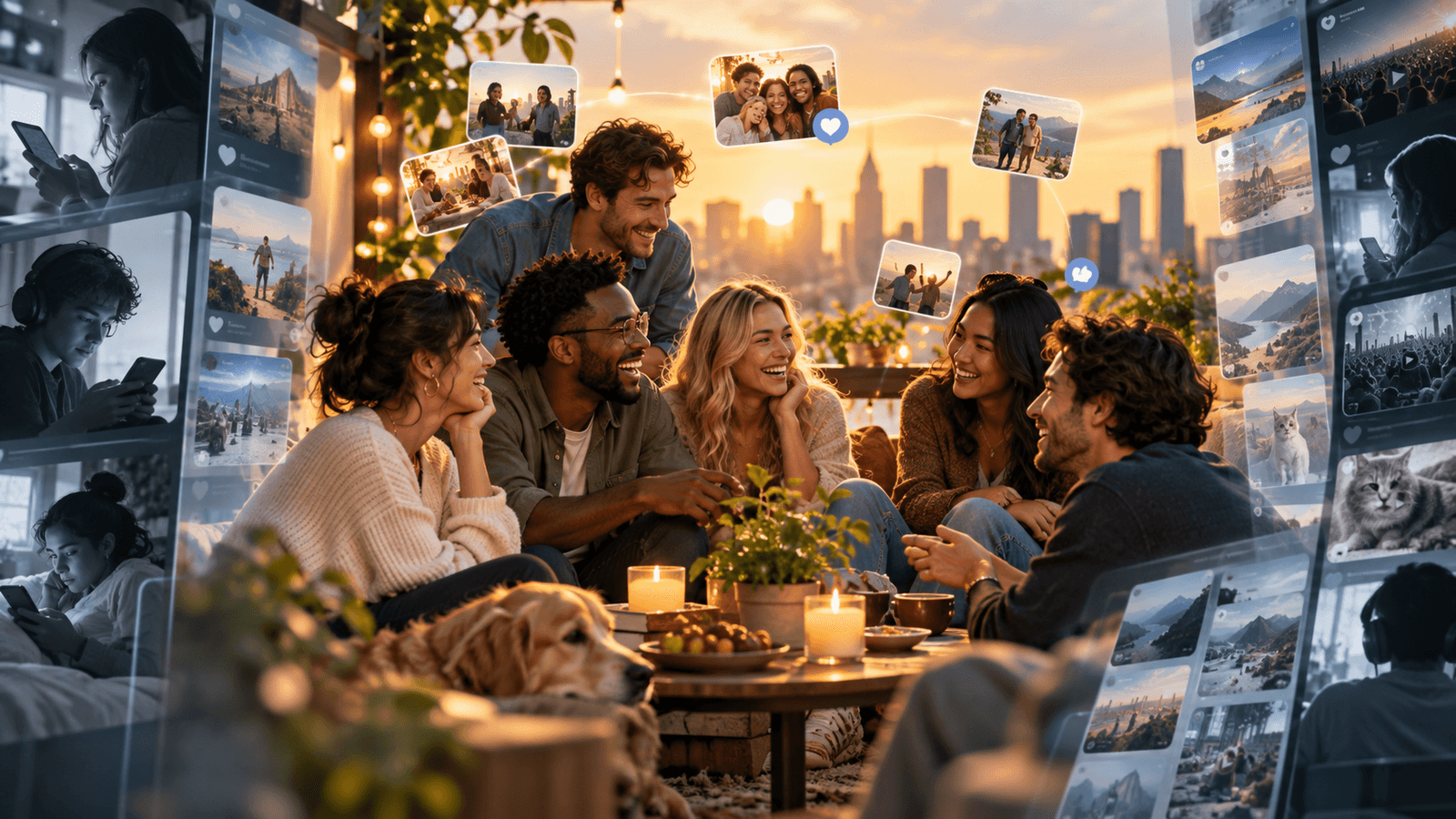 A blended group sharing casually together while distant content-feed panels represent the shift from social networking to media consumption.