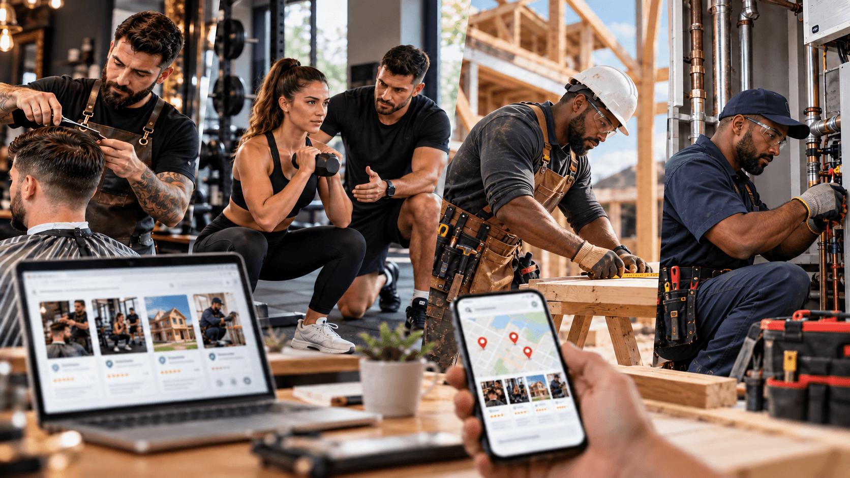 A barber, personal trainer, contractor, and skilled tradesman shown in professional work settings with digital business discovery tools.