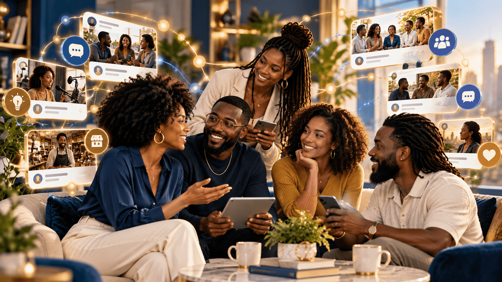 Black adults connecting through conversation, community, business discovery, and creator opportunities online.