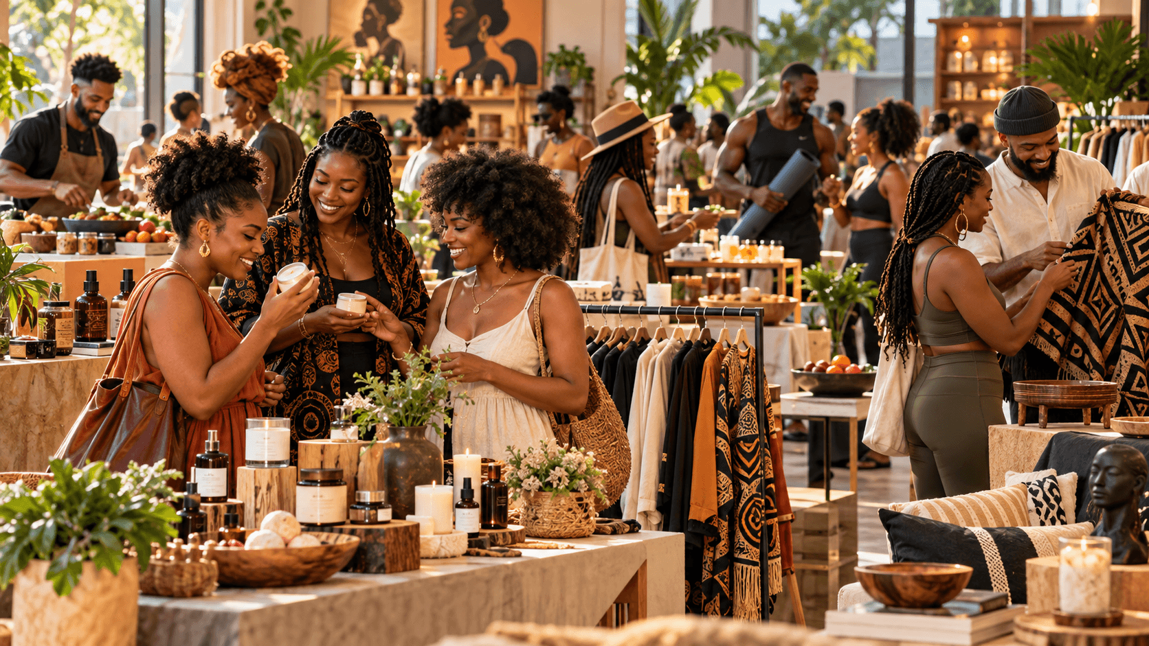 Black-owned fashion, beauty, fitness, food, and home brands displayed in a warm community shopping and social environment.