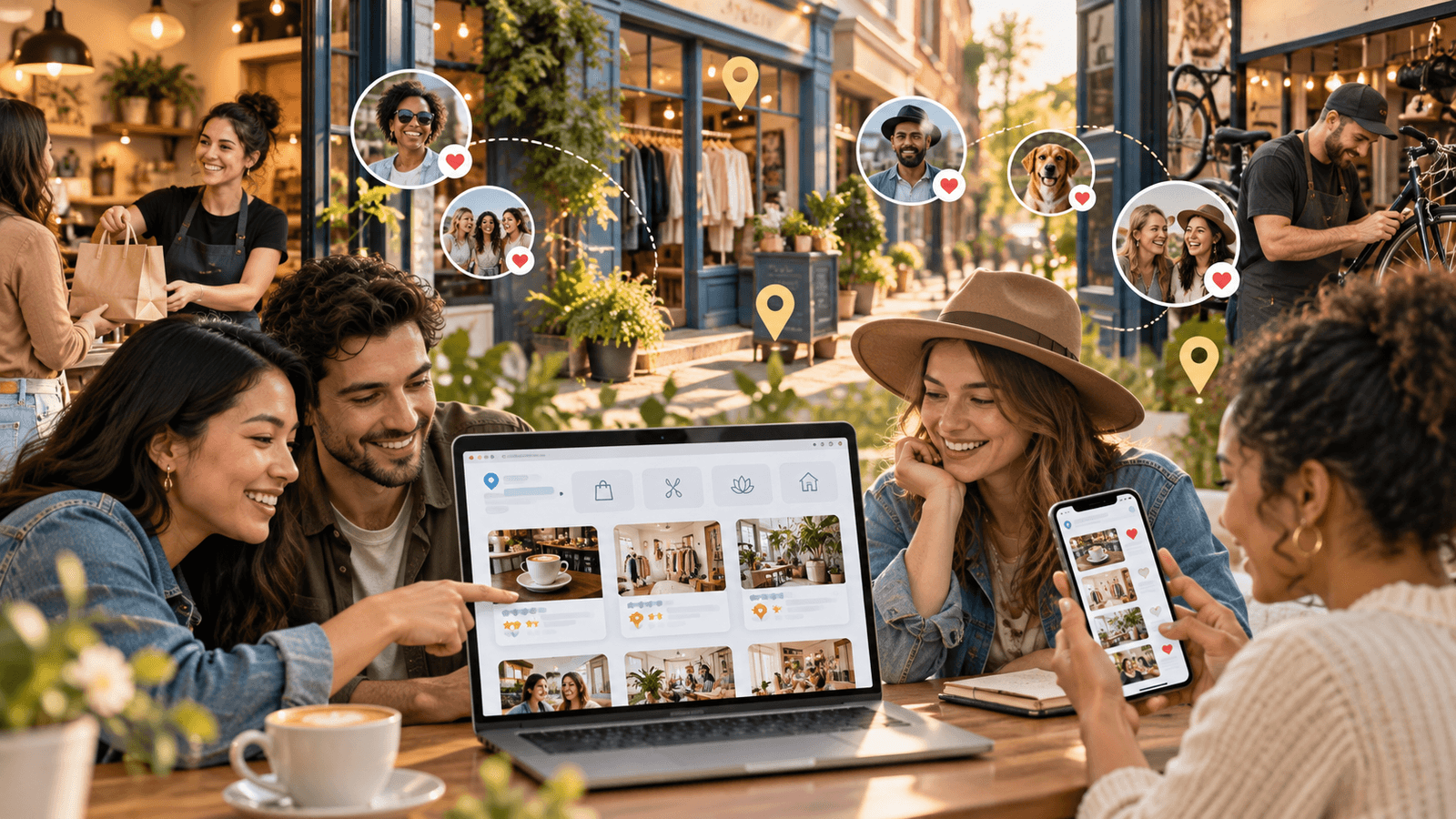 A blended group of customers discovering independent businesses through a modern digital directory and social recommendations.