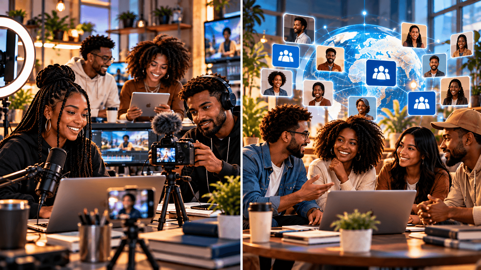 A naturally blended group in active conversation surrounded by subtle digital community, business, creator, and messaging elements.