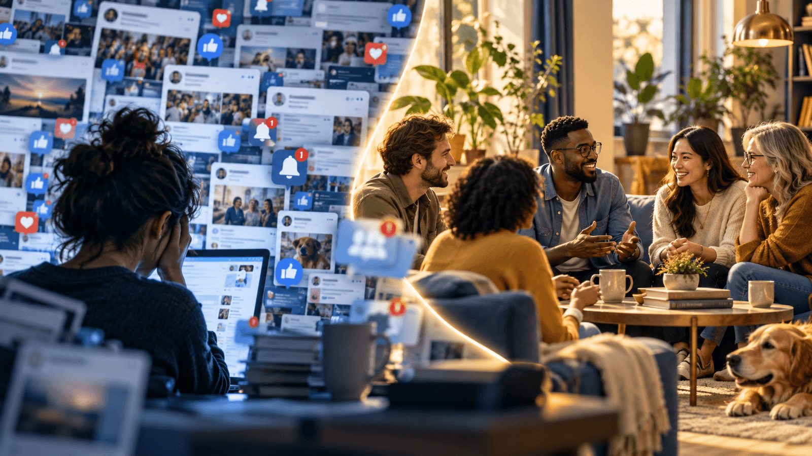 A cluttered group-feed environment contrasted with a warm, focused blended community conversation.