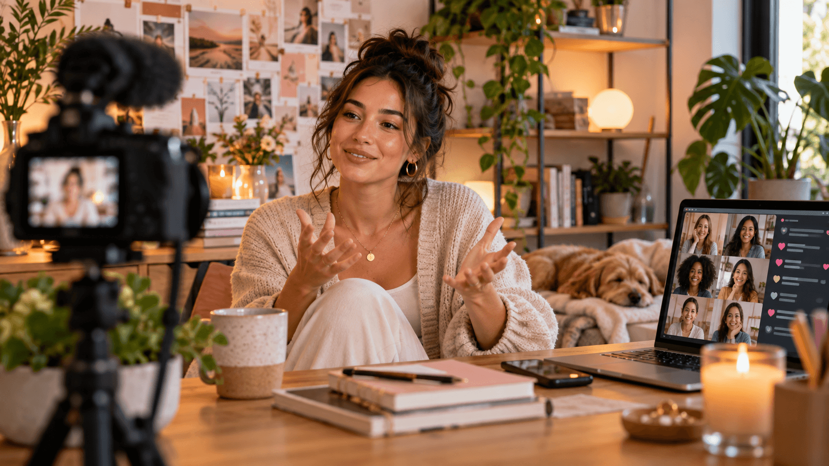 A woman creator recording content in a warm studio while engaging with a small supportive online community.