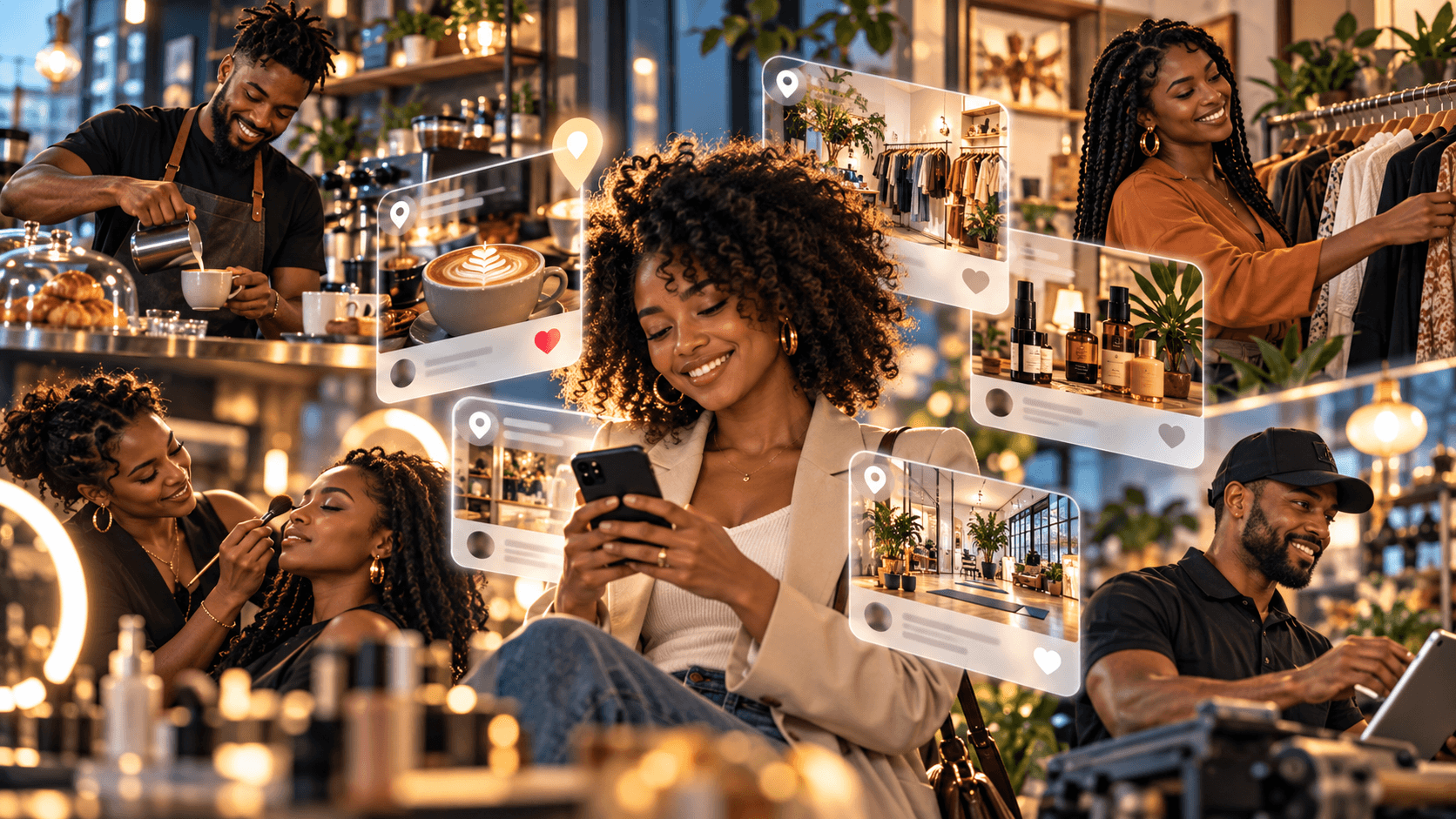 Black-owned businesses shown across a polished shopping and service district with a naturally blended group of customers using digital discovery tools.