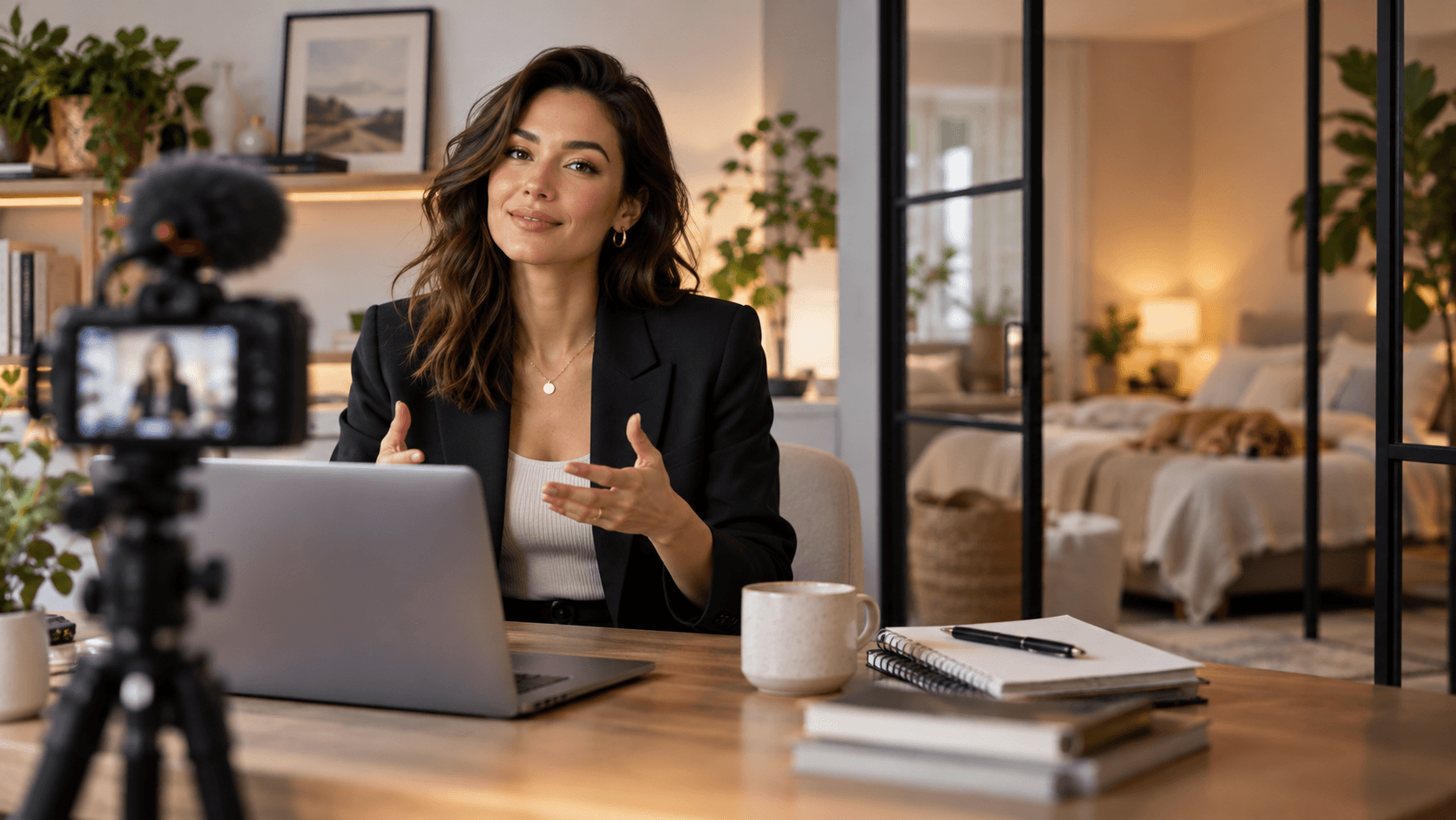 A professional creator presenting confidently online while keeping home and family life visually private and separate.