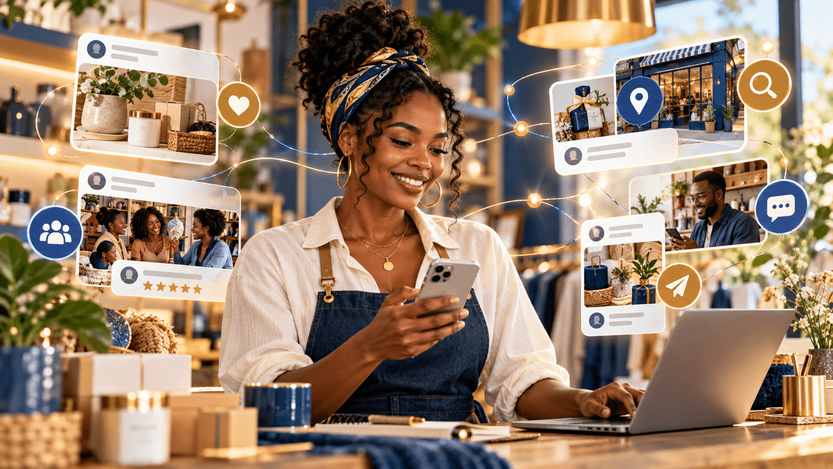 A Black small-business owner promoting her boutique through online discovery and community engagement.