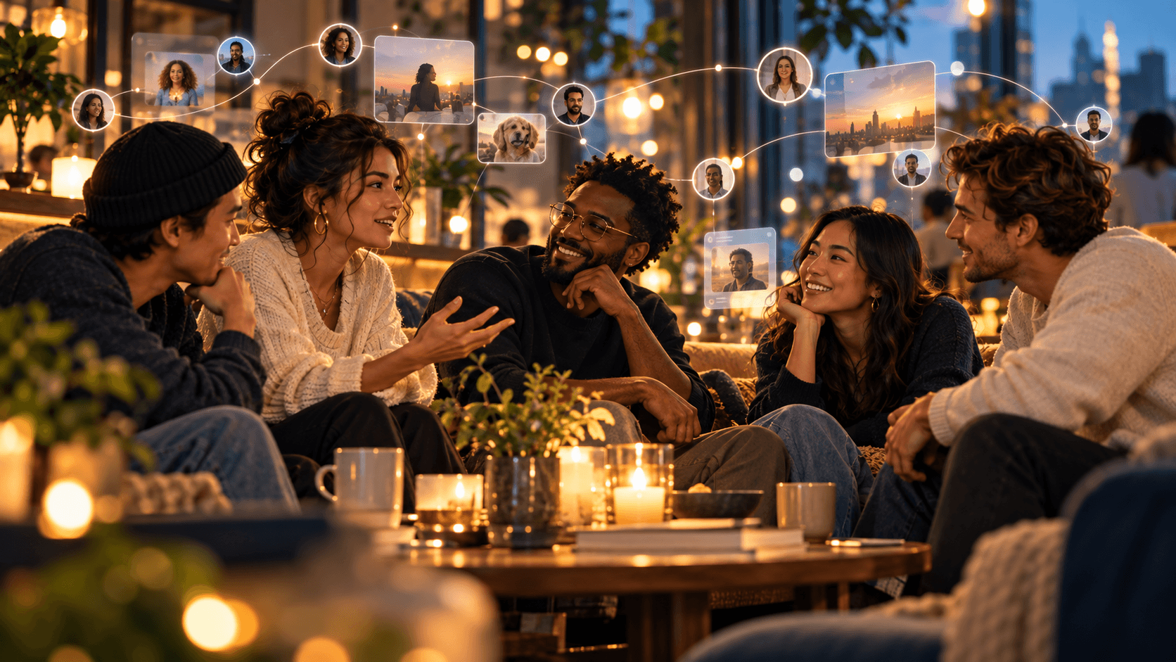 A naturally blended group of adults in a cozy modern setting having a focused conversation with subtle digital community elements.