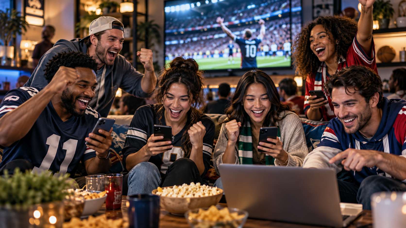A mixed group of sports fans watching a game and participating in lively online discussion together.