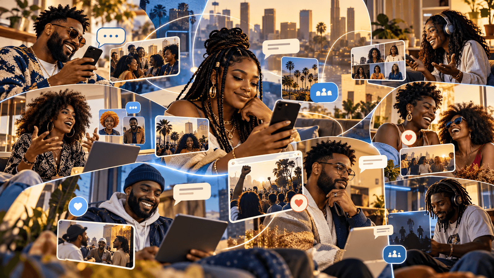 Black adults participating in lively digital conversation across multiple social platforms and community spaces.