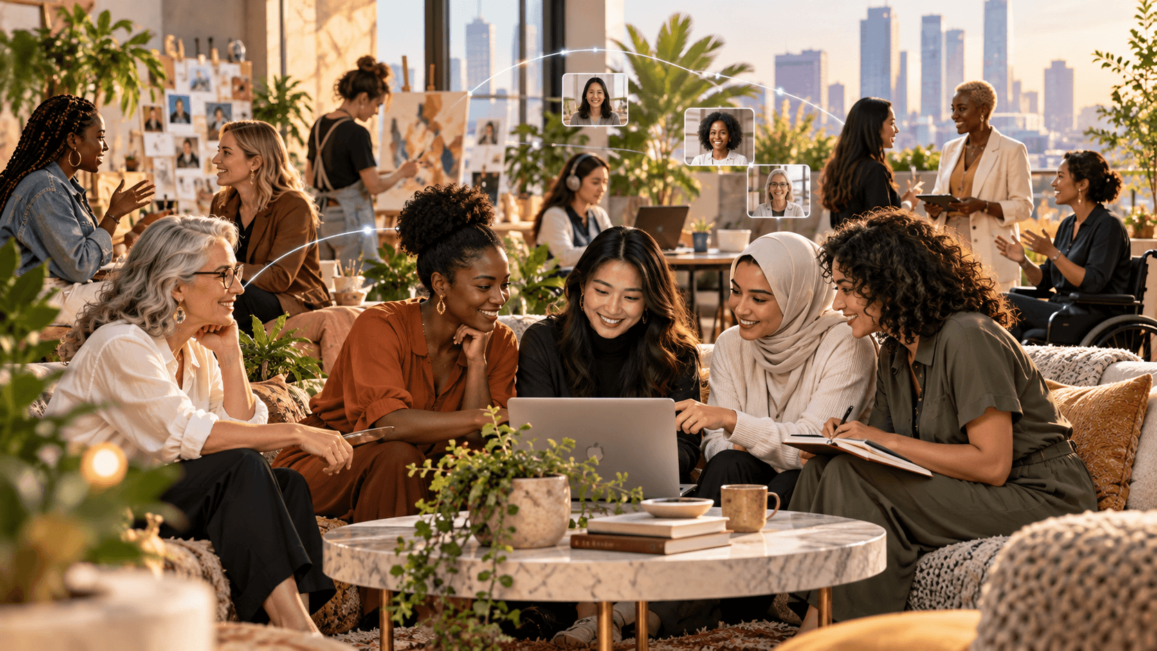A diverse group of women connecting through professional, creative, social, and community spaces online.