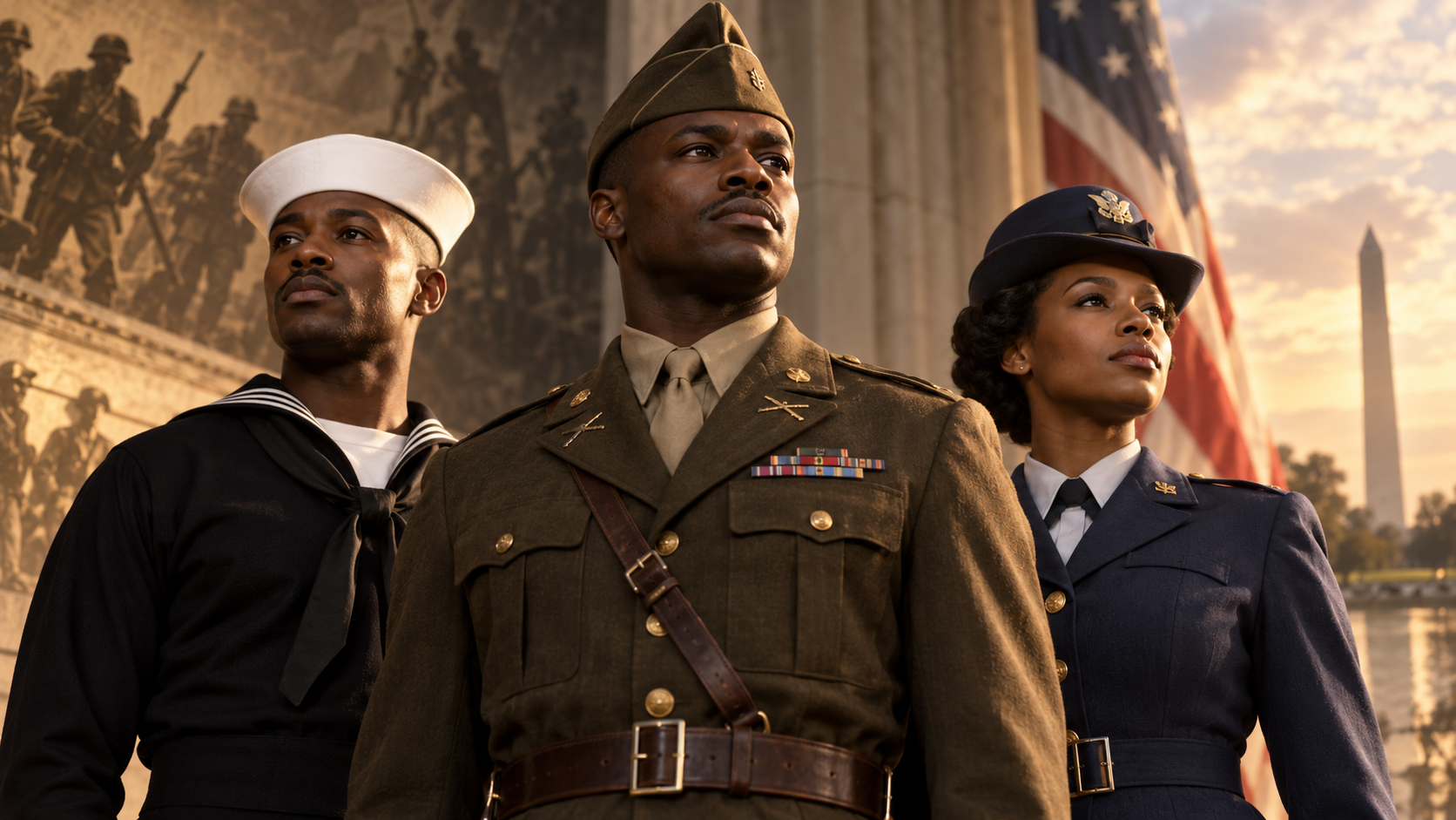 Black American military service members represented in a historical tribute scene