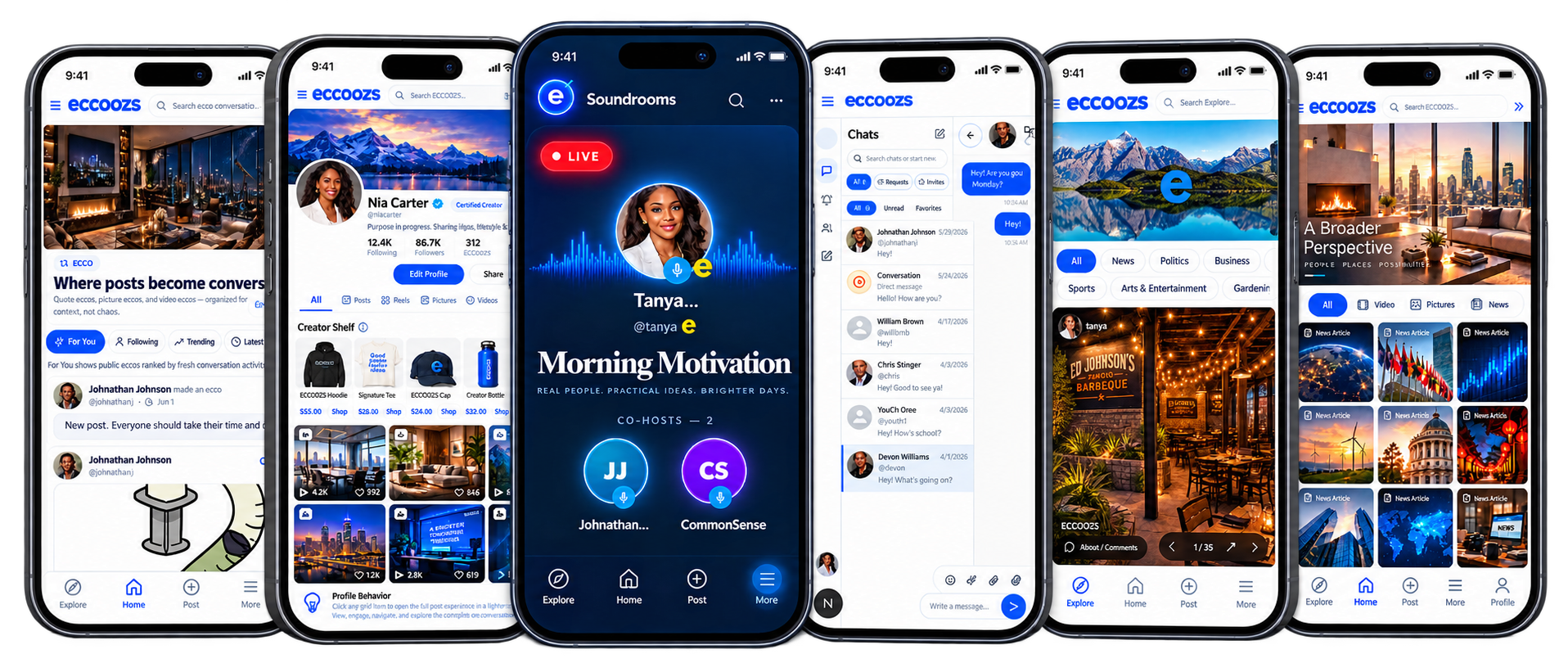 ECCOOZS app experiences including Ecco, creator profiles, Soundrooms, Messages, Explore, and Home